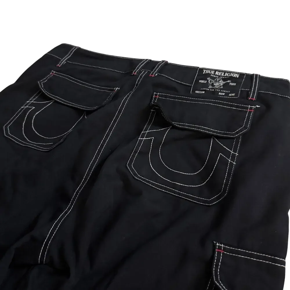 True Religion Black Cargo Shorts Contrast Stitch Size 36 Y2K